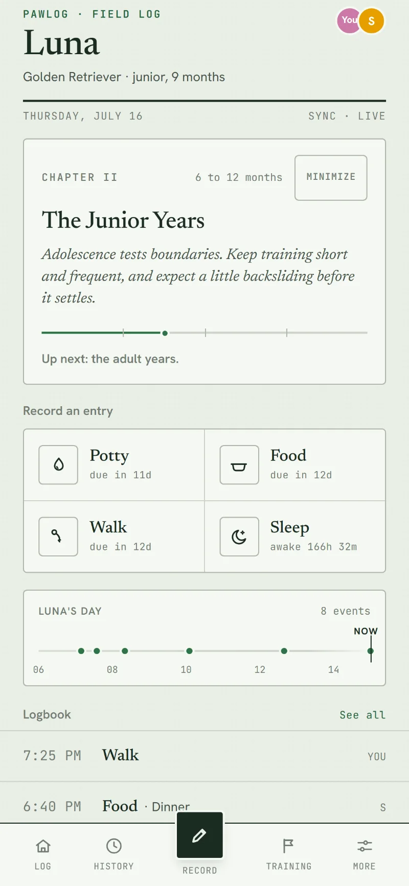 The PawLog dashboard for a dog named Luna, showing both caregivers and a live shared log