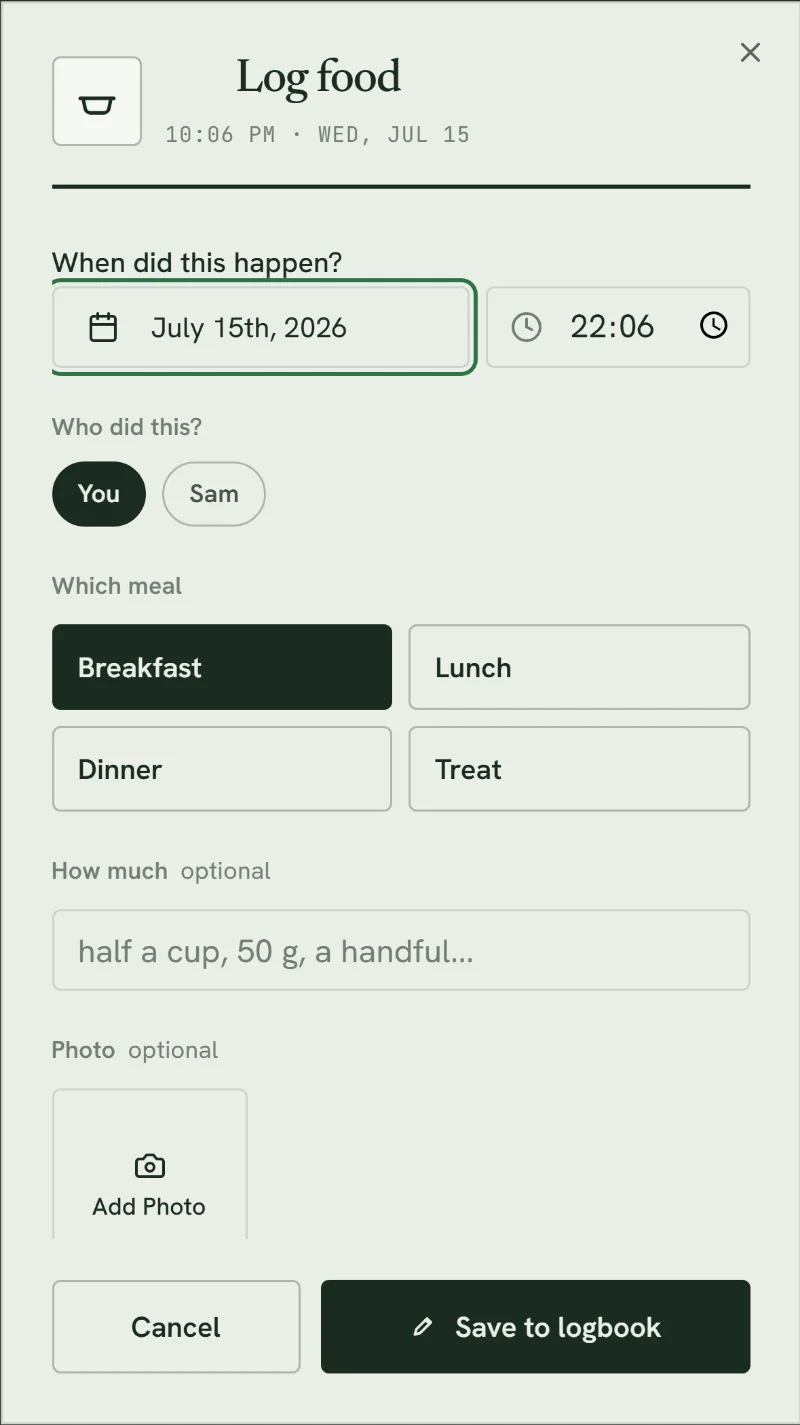 Logging a meal in PawLog: choosing who did it, You or Sam, in a couple of taps