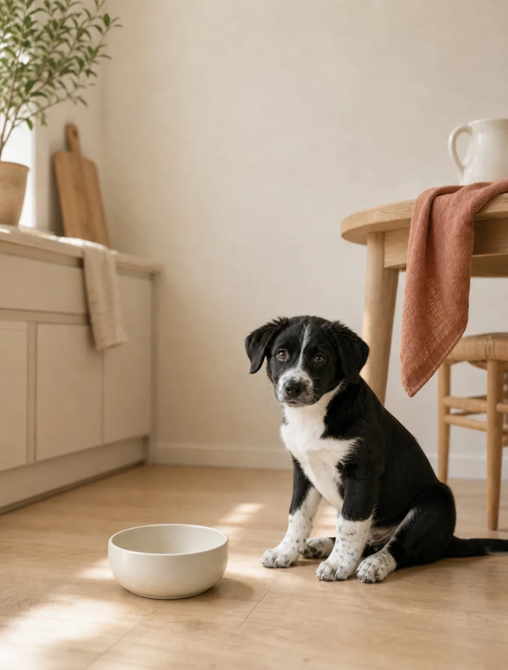 A dog waiting patiently beside an empty bowl in a sunlit kitchen