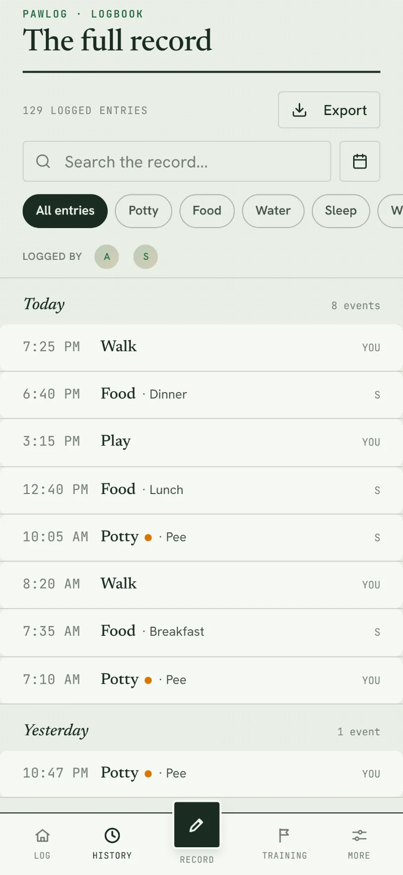 The PawLog logbook: every entry timestamped and attributed to the person who logged it